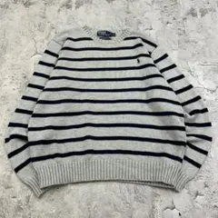 ラルフローレン　刺繍　ポニー　ボーダー　長袖ニット　古着　グレー　ネイビー　XL