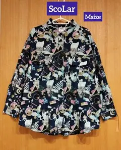 ❁ScoLar ❁総柄コーデュロイシャツ　ネイビー系　花柄、ネコ柄、宇宙柄　M