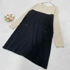 【ショコラフィネローブ】長袖ワンピース ひざ丈 バイカラー ボタンポケット