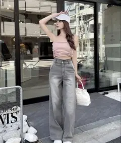 新品タグあり cheri mi シェリミ グレー ワイドデニムパンツ