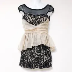 黒ベージュシフォンペプラムシースルーフラワーレースミニタイトドレスワンピース花柄