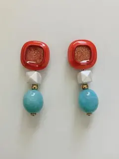 昭和レトロ　ヴィンテージ　ボタン　ピアス　ゴールド　レッド　パール　グリーン