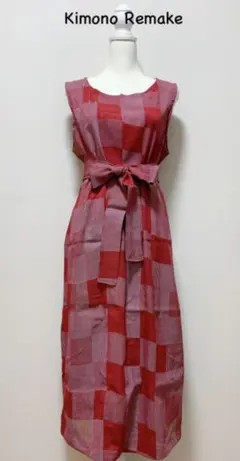 【着物リメイク】ノースリーブワンピース/ジャンパースカート/リボンベルト付き