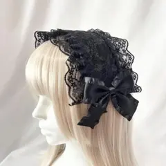 ハンドメイド ヘッドドレス ちりめん × レース フリルリボン ブラック