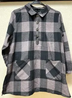 チェック柄長袖チュニック　ゴム袖口　ネルシャツ　紫色