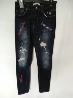 ZARA　メンズ　ストレッチ　ダメージ加工　ダークブルー　デニムパンツ　32