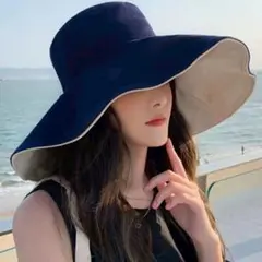 つば広帽子　ネイビーUVカット紫外線防止日焼け防止　バケットハット　リバーシブル