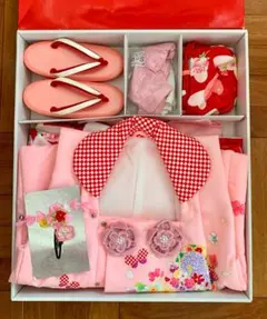 七五三 3歳 女の子 着物&被布セット 花柄ハート 襦袢 巾着 草履 髪飾り付き