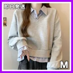 【新品】レイヤード風 ブルーストライプシャツ グレースウェット 襟切り替え