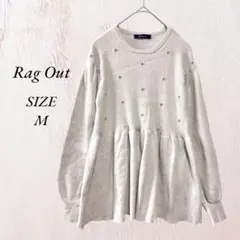 411 Rag Out 長袖 ビジュー付 ニット ベージュ M ペプラム