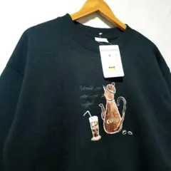 新品　可愛い　珈琲柄　猫デザイン　トレーナー　裏起毛　L　レディース　黒色