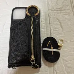 美品　iPhone15 スマホケース　ストラップ付き　コインケース入れ　黒