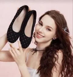 黒 スエード ビジュー フラットシューズ 24.5 美品