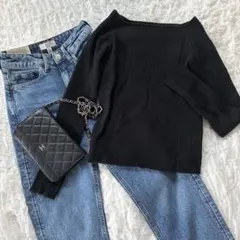 リブニットトップス　ブラック