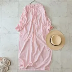 美品 サラマリカ コットンストライプバックリボンカフタンドレス マキシ インド綿 美品 サラマリカ コットンストライプバックリボンカフタンドレス