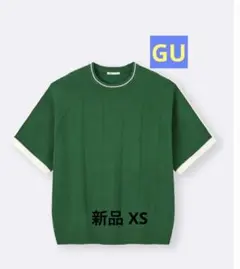 新品 GU クルーネックセーター(ライン)(5分袖)NTQ グリーンのサムネイル