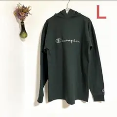 L チャンピオン 古着 長袖カットソーフード付き フォレストグリーン