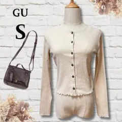 10【GU】ジーユー リブコンパクトカーディガン ショート丈 フリル ナチュラル