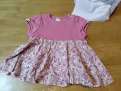 美品　プティマイン　フリル　総柄切り替えペプラム　チュニック　花柄　ピンク　80