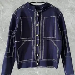 【美品】ネイビー ニットジャケット ホワイトステッチ　ホワイトパールボタン