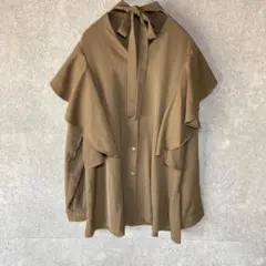 ドゥーザムール（M-L）ボウタイフリルシャツ＊長袖＊伸縮性＊キレイめ＊前開き