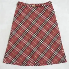 BURBERRY BLUELABEL スカート 36 チェック 赤 ベルト 膝丈