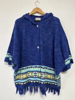 Kahiko フードポンチョ エスニック ネイティブ柄 フリンジ コンチョボタン
