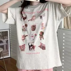 Vipoa ヴィポア キャットコラージュオーバーTシャツ F グレー