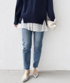 シップス　スリム　テーパード　デニムパンツ　レディース　ブルー　ストレッチ◎　Sのサムネイル