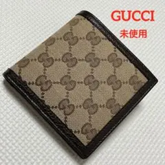 未使用　GUCCIグッチ　レザー×キャンバス　二つ折り財布　GG ベージュ