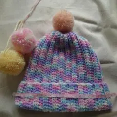 ハンドメイド パステルカラー ニット帽 ポンポン付き