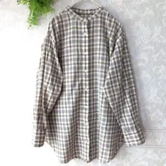 [ニコアンド]ラメチェック柄長袖スタンドロング大きめシャツ