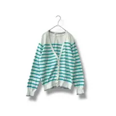 GU ボーダーカーディガン L オフ白×ターコイズ 長袖 羽織　春カラー　爽やか