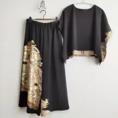 623【セットアップ】ブラウス＋ワイドパンツ　ブラック　正絹　黒留袖リメイク