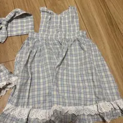 水色チェック柄　anneshirley風ロンパース、ワンピースセット