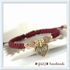 アンクレット orブレスレット 天然石【ストロベリークォーツ+♡チャーム】ワイン