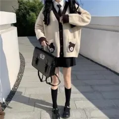 ニット オフホワイト ゆったりトップス カーディガン 韓国 くま かわいい