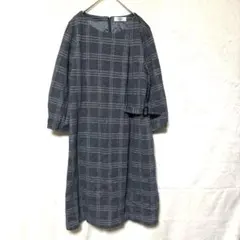 美品✨【J.PRESS】グレー チェック 七分袖 ひざ丈ワンピース 9号