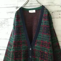 古着好き☆チェック柄 ビッグデザイン モヘア混 レトロ カーディガン L～XL