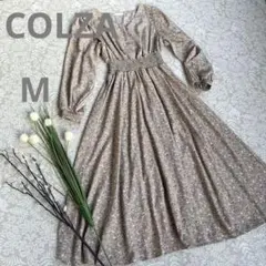 コルザ　ベージュ小花柄　ミモレ丈長袖ワンピースウエストゴムM スカート部分裏地付