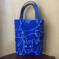 ハンドメイド　ミニバッグ　猫柄　線描き猫柄　紺色