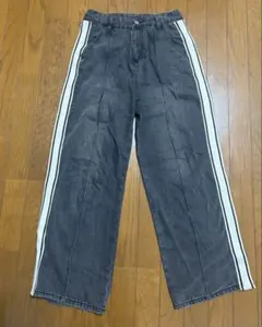サイドライン ワイドデニムパンツ ブラック L