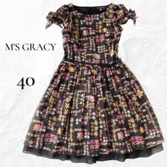 花柄ワンピース M'SGRACYエムズグレイシー 40(M)黒 シフォン フレア