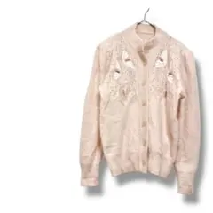 アンゴラ　ウール混　刺繍デザインカーディガン レトロ ヴィンテージ風　ピンク