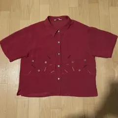 赤 半袖 シャツ ボタンダウン刺繍 レディース