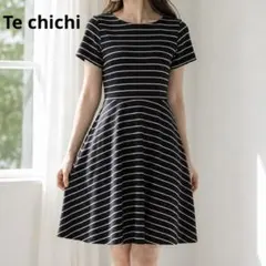 Te chichi テチチ ボーダー 半袖 Aライン フレア ワンピース 黒 Mのサムネイル