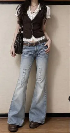 Y2K フレアデニム ダメージ加工 ブーツカット 美脚デニム 平成ギャル