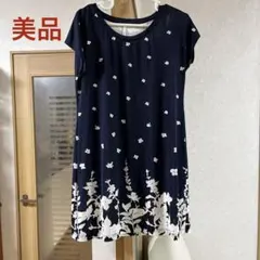 ❣️美品❣️ELLE エル　半袖 ワンピース38 M イトキン　ネイビー綺麗めのサムネイル