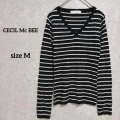 CECIL Mc BEE ニット 長袖 ボーダー M 黒 白 Vネック 肌触り良