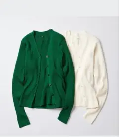 ユニクロ エクストラファインメリノリブショートカーディガン 長袖 グリーン Ｌ